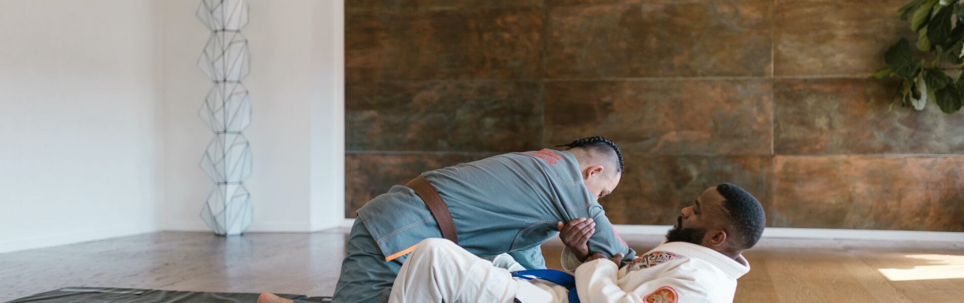 twee mannen liggen op de trainingsmat en beoefenen brazilian jiu jitsu